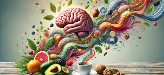 A vibrant banner image featuring brain imagery, colorful fruits, vegetables, nuts, and coffee, symbolizing the connection between a healthy diet and enhanced creativity.