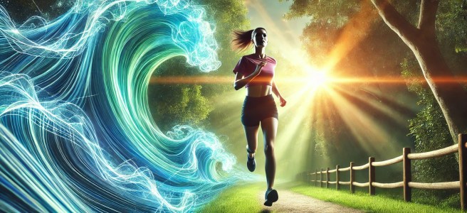 Woman running on a path at sunrise, with a stylized tidal wave of light and energy flowing behind her, symbolizing self-empowerment and inner strength during trailrunning.