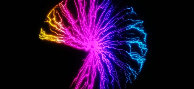 Bright, colorful electric burst of yellow, pink, and blue streaks against a dark background, symbolizing creative energy and inspiration.