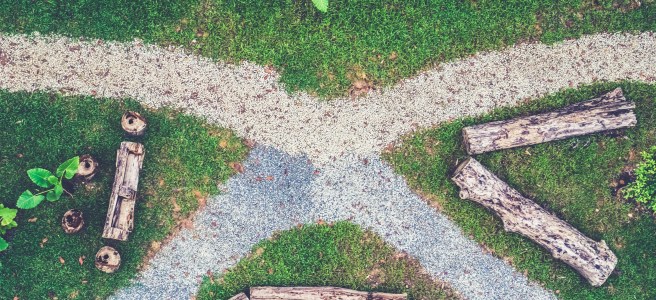 A bird’s-eye view of a forked gravel path in a garden, symbolizing decision-making and strategic quitting.